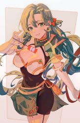 Rule 34 | 1girl, aqua hair, armor, black dress, bow, braid, breasts, chloe (fire emblem), cleavage, commentary request, covered navel, cowboy shot, dress, elbow gloves, fire emblem, fire emblem engage, gbbgb321, gloves, green eyes, green skirt, grin, hair between eyes, hair bow, head tilt, highres, holding, large breasts, long hair, looking at viewer, nintendo, orange bow, pencil dress, shoulder armor, skirt, smile, solo, standing, thighs, very long hair, white gloves