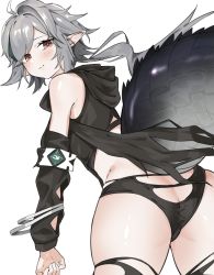 Rule 34 | 1girl, ahoge, arknights, ass, bare shoulders, black panties, brown eyes, butt crack, commentary, cowboy shot, crocodilian tail, highres, large tail, long hair, long sleeves, looking at viewer, panties, pointy ears, poyano, silver hair, simple background, smile, solo, tail, thighs, tomimi (arknights), underwear, white background