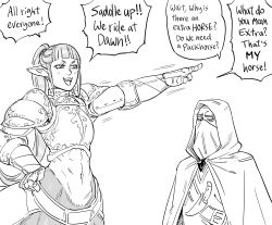 Rule 34 | 1boy, 1girl, abs, armor, bb (baalbuddy), belt, blunt bangs, breastplate, cape, centaur, commentary, covered mouth, dagger, dungeons &amp; dragons, english commentary, english text, gauntlets, greyscale, hand on own hip, height difference, highres, hood, hood up, hooded cape, knife, knight, long hair, mask, monochrome, monster girl, mouth mask, navel, original, pointing, pointy ears, ponytail, simple background, taur, weapon, white background