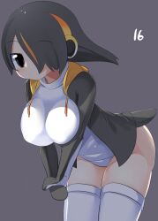 Rule 34 | 1girl, black eyes, black hair, black jacket, breasts, closed mouth, commentary request, cowboy shot, emperor penguin (kemono friends), expressionless, grey background, hair between eyes, hair over one eye, headphones, highres, jacket, kemono friends, large breasts, leaning forward, lets0020, long bangs, looking at viewer, multicolored hair, numbered, one-piece swimsuit, open clothes, open jacket, orange hair, own hands together, short hair, simple background, solo, streaked hair, swimsuit, thighhighs, white one-piece swimsuit, white thighhighs