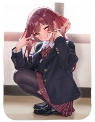 Rule 34 | 1girl, ;), absurdres, black footwear, black jacket, black thighhighs, blush, bow, bowtie, collared shirt, commentary request, double v, from side, full body, grin, hair ribbon, highres, hololive, hololive fantasy, houshou marine, indoors, jacket, loafers, long hair, long sleeves, looking at viewer, looking to the side, nail polish, one eye closed, open clothes, open jacket, parted lips, plaid, plaid skirt, pretty mundane, red bow, red bowtie, red hair, red nails, red ribbon, red skirt, ribbon, school uniform, shirt, shoes, skirt, smile, solo, squatting, teeth, thighhighs, twintails, v, virtual youtuber, yellow eyes