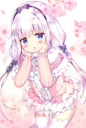 Rule 34 | 1girl, :o, azumi kazuki, black bow, black hairband, blue eyes, blurry, blurry foreground, blush, bow, capelet, commentary request, depth of field, dress, frilled capelet, frilled dress, frills, hairband, hands on own face, hands up, highres, kanna kamui, kobayashi-san chi no maidragon, long hair, long sleeves, low twintails, parted lips, pink dress, pink hair, puffy long sleeves, puffy sleeves, solo, thighhighs, twintails, very long hair, white capelet, white hair, white thighhighs