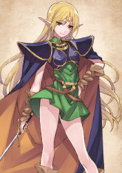 Rule 34 | 1girl, armor, bad id, bare legs, blonde hair, boots, cape, circlet, deedlit, elf, green eyes, hand on own hip, highres, long hair, looking at viewer, matsuryuu, pauldrons, pointy ears, record of lodoss war, shoulder armor, smile, solo, sword, weapon