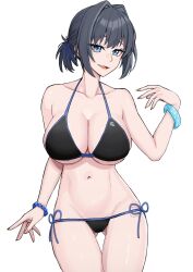 Rule 34 | 1girl, absurdres, alternate costume, bikini, black bikini, blue eyes, blue hair, boros (ouro kronii), bracelet, breasts, cleavage, collarbone, cowboy shot, fang, gluteal fold, hair between eyes, hair intakes, highres, hololive, hololive english, jewelry, kuon bb, large breasts, looking at viewer, nail polish, navel, ouro kronii, ponytail, short hair, short ponytail, side-tie bikini bottom, sideboob, simple background, slit pupils, solo, stomach, swimsuit, thigh gap, underboob, virtual youtuber, white background, yellow nails