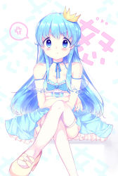 Rule 34 | 10s, 1girl, anger vein, bare shoulders, blue eyes, blue hair, blush, breasts, choker, cleavage, crossed arms, crossed legs, crown, earrings, happinesscharge precure!, jewelry, long hair, looking at viewer, matching hair/eyes, pout, precure, ribbon choker, sakuramocchi, shiramori sawa, shirayuki hime, sitting, small breasts, solo, thighhighs, white thighhighs
