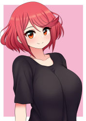 Rule 34 | 1girl, black shirt, blush, bob cut, breasts, closed mouth, highres, large breasts, looking at viewer, pyra (xenoblade), red eyes, red hair, shirt, short hair, smile, solo, t-shirt, the only shoe, xenoblade chronicles (series), xenoblade chronicles 2