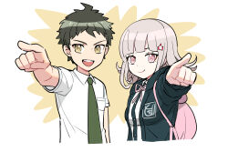 Rule 34 | 1boy, 1girl, backpack, bag, breast pocket, collared shirt, danganronpa (series), danganronpa 2: goodbye despair, dede (qwea 00000), hinata hajime, looking at viewer, nanami chiaki, necktie, open mouth, pink eyes, pink hair, pocket, pointing, shirt, simple background, smile, source request, upper body, v-shaped eyebrows, white background, yellow eyes
