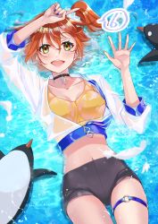 Rule 34 | 1girl, :d, ahoge, arm on own head, arm up, bike shorts, bird, black choker, blue nails, blue scrunchie, blush, breasts, choker, collarbone, commentary request, cowboy shot, cropped jacket, fate/grand order, fate (series), finger counting, fujimaru ritsuka (female), fujimaru ritsuka (female) (summer anniversary), glint, hair between eyes, hair ornament, hair scrunchie, highres, ichino tomizuki, index finger raised, jacket, long hair, looking at viewer, lying, medium breasts, midriff, multicolored nails, nail polish, navel, o-ring, official alternate costume, on back, open hand, open mouth, orange eyes, orange hair, orange nails, partial commentary, partially unzipped, penguin, scrunchie, see-through, side ponytail, sidelocks, smile, solo, spoken number, sports bra, teeth, thigh strap, upper teeth only, water surface, wet, wet clothes, white jacket, yellow sports bra
