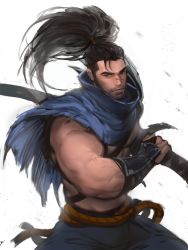 Rule 34 | 1boy, armor, beard, black hair, cape, cowboy shot, dopey (dopq), facial hair, grey background, highres, holding, holding weapon, league of legends, long hair, looking at viewer, male focus, muscular, muscular male, pants, ponytail, scar, scar on face, scar on nose, simple background, solo, torn cape, torn clothes, weapon, yasuo (league of legends)