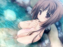Rule 34 | 1girl, bra-ban!, breasts, brown eyes, brown hair, covering privates, dutch angle, game cg, kobuichi, large breasts, long hair, nakanoshima tae, nude, onsen, red eyes, sitting, solo, towel, water