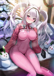 Rule 34 | 1girl, 2023, alice (nikke), animal ear headphones, bag, blush, bodysuit, breasts, christmas, closed mouth, covered navel, cropped jacket, fake animal ears, gloves, goddess of victory: nikke, grey hair, hair between eyes, headphones, headset, impossible bodysuit, impossible clothes, jacket, kurono suzuran, latex, latex bodysuit, long hair, looking at viewer, medium breasts, pink bodysuit, pink eyes, pink gloves, red jacket, shoes, sidelocks, sitting, skin tight, smile, sneakers, solo, twintails, two-tone gloves, white gloves