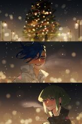Rule 34 | 2boys, blue eyes, blue hair, blush, breath, christmas, christmas tree, couple, earrings, galo thymos, green hair, highres, jewelry, lamppost, lio fotia, looking at another, male focus, merry christmas, mohawk, multiple boys, night, outdoors, promare, purple eyes, short hair, short hair with long locks, sidelocks, single earring, smile, snow, snowing, so-rann, spiked hair, triangle earrings, upper body, winter, yaoi
