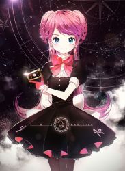 Rule 34 | 1girl, arm behind back, bad id, bad pixiv id, black pantyhose, blue eyes, braid, constellation, crescent, earrings, fog, frilled shirt collar, frills, glint, gloves, gomzi, holding, jewelry, long hair, looking at viewer, magician, original, pantyhose, pink hair, red ribbon, ribbon, smile, solo, standing, star (symbol), star chart, starry background