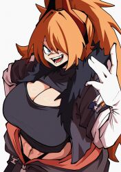 1girl absurdres belt black_tank_top blue_eyes breasts cleavage_cutout clothing_cutout colored_eyepatch dryegen eyepatch fur-trimmed_jacket fur_trim gloves highres horns jacket large_breasts long_hair navel open_clothes open_jacket open_mouth orange_hair original ponytail red_horns scar scar_on_face tank_top texas_flag white_background white_gloves zess_(zestyjesus) zipper