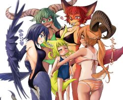 Rule 34 | 5girls, animal ears, ass, between breasts, bikini, black bikini, blonde hair, blue one-piece swimsuit, blue wings, breasts, check translation, cleavage, collarbone, doitsuken, feathered wings, feathers, flat chest, fox child (doitsuken), furry, furry female, green hair, harpy, horns, large breasts, long hair, monster girl, multiple girls, name tag, navel, old school swimsuit, one-piece swimsuit, orange hair, original, red hair, school swimsuit, side-tie bikini bottom, simple background, swimsuit, tail, talons, tan, tanline, translation request, white background, white bikini, winged arms, wings, yellow eyes
