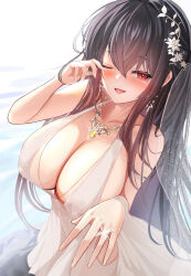 Rule 34 | 1girl, absurdres, armlet, azur lane, black hair, blush, bracelet, breasts, bridal veil, cleavage, collarbone, dress, hair between eyes, hair ornament, happy tears, highres, jewelry, large breasts, leaf necklace, long hair, necklace, one eye closed, open mouth, red eyes, ring, sano sho, sidelocks, solo, taihou (azur lane), taihou (temptation on the sea breeze) (azur lane), tears, veil, wedding ring, white dress, wiping tears, yellow gemstone