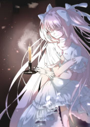 Rule 34 | 1girl, absurdly long hair, bad id, bad pixiv id, blurry, candle, candlelight, candlestand, closed eyes, closed mouth, clothing cutout, collarbone, covered navel, cowboy shot, crossed arms, dark background, darkness, depth of field, dress, eyelashes, facing viewer, fire, flat chest, frilled dress, frills, gloves, hair ribbon, hands up, happy, haruharu, head down, holding, holding candle, kaname madoka, layered dress, layered sleeves, lens flare, light, light particles, light smile, long dress, long hair, mahou shoujo madoka magica, mahou shoujo madoka magica (anime), pink hair, pink thighhighs, ribbon, solo, standing, thighhighs, two side up, ultimate madoka, very long hair, white dress, white gloves, white ribbon, wide sleeves, zettai ryouiki