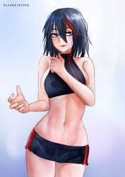 Rule 34 | 1girl, absurdres, alfarejected, armpits, bare shoulders, black hair, blue eyes, breasts, collarbone, exercising, hair between eyes, highres, kill la kill, looking to the side, matoi ryuuko, medium breasts, messy, messy hair, multicolored hair, navel, open hand, panties, parted lips, short hair, short shorts, shorts, sideboob, signature, simple background, solo, stomach, streaked hair, sweat, thighs, trigger (company), two-tone hair, underwear, workout clothes