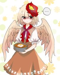 Rule 34 | ..., 1girl, animal, animal on head, bird, bird on head, bird tail, bird wings, blonde hair, bowl, chick, commentary request, dress, egg, feathered wings, highres, holding, holding bowl, multicolored hair, neckerchief, niwatari kutaka, on head, orange dress, red eyes, red hair, red neckerchief, shirt, short hair, spoken ellipsis, tail, touhou, two-tone hair, white shirt, wings, yellow wings, zabuton (mgdw5574)