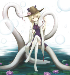 Rule 34 | 1girl, absurdres, animal, blonde hair, bracelet, bubble, cloudy.r, crossed legs, detached sleeves, dress, female focus, flower, giant snake, hair ribbon, hat, hat flower, highres, jewelry, long sleeves, long tongue, mishaguji, moriya suwako, oversized animal, pointing, pointing at viewer, purple dress, purple skirt, red eyes, ribbon, sitting, skirt, smile, snake, solo, thighhighs, tongue, tongue out, touhou, water, white thighhighs, wide sleeves, yellow eyes, zettai ryouiki, zzz36951