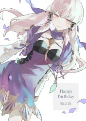 1girl absurdres breasts closed_mouth dated detached_collar dress english_text fire_emblem fire_emblem:_three_houses grey_background happy_birthday hashtag-only_commentary highres long_hair lysithea_von_ordelia lysithea_von_ordelia_(post_timeskip) nintendo pantyhose petals pink_eyes purple_dress repu_(rep_sha) simple_background small_breasts smile solo veil white_hair white_pantyhose white_sleeves