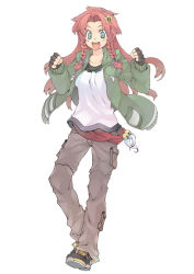 Rule 34 | 1girl, :d, alternate costume, blue eyes, braid, casual, contemporary, female focus, fingerless gloves, gloves, hong meiling, hood, hooded jacket, hoodie, jacket, morino hon, open mouth, pants, red hair, shirt, shoes, smile, sneakers, solo, star (symbol), touhou, twin braids