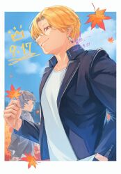 Rule 34 | 1boy, 1girl, 2023, autumn, autumn leaves, black hair, black jacket, blonde hair, blue eyes, blue sky, crown, dated, earrings, hand in pocket, happy birthday, highres, holding, holding leaf, jacket, jewelry, latla mirah, leaf, looking at viewer, maple leaf, one eye covered, red eyes, rip (undead unluck), shirt, short hair, sky, smile, tebbbba, undead unluck, upper body, white shirt