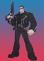 Rule 34 | 1boy, absurdres, arnold schwarzenegger, belt, black footwear, black hair, black jacket, black pants, brown belt, clenched hand, closed mouth, commentary request, finger on trigger, frown, full body, glowing, glowing eye, gradient background, gun, highres, holding, holding gun, holding weapon, jacket, leather, leather jacket, legs apart, long sleeves, male focus, onion maru, pants, red eyes, sawed-off shotgun, short hair, shotgun, solo, standing, sunglasses, t-800, terminator (series), terminator 2: judgment day, very short hair, weapon, zipper