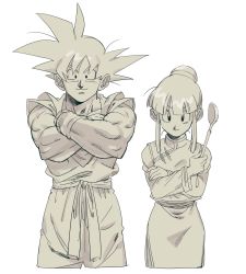 Rule 34 | 1boy, 1girl, black eyes, blunt bangs, chi-chi (dragon ball), china dress, chinese clothes, couple, crossed arms, dougi, dragon ball, dragonball z, dress, eyelashes, fingernails, greyscale, hair bun, hair over eyes, hetero, highres, hime cut, holding, holding spoon, hpoono (0159), looking at viewer, monochrome, muscular, shaded face, shiny skin, sidelocks, simple background, single hair bun, smile, son goku, soup ladle, spiked hair, spoon, standing, upper body, v-shaped eyebrows, white background, wristband