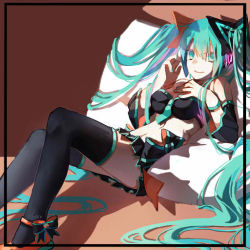 Rule 34 | 1girl, aqua eyes, aqua hair, bracelet, detached sleeves, hatsune miku, jewelry, long hair, momozi (mkingnight), pillow, reclining, skirt, smile, solo, thighhighs, twintails, very long hair, vocaloid