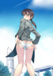 Rule 34 | 1girl, :&lt;, ass, butt crack, cameltoe, gertrud barkhorn, highres, legs, looking back, panties, panty pull, satou atsuki, slap mark, solo, spanked, strike witches, sweatdrop, trefoil, underwear, world witches series