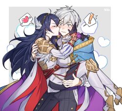 Rule 34 | !, 1boy, 1girl, absurdres, black gloves, blue eyes, blush, cape, carrying, carrying person, closed mouth, fire emblem, fire emblem awakening, fire emblem heroes, gloves, hand on another&#039;s cheek, hand on another&#039;s face, heart, hetero, highres, kiss, kissing cheek, long hair, lucina (fire emblem), lucina (resplendent) (fire emblem), nintendo, official alternate costume, princess carry, puffy sleeves, purple cape, robin (fire emblem), robin (male) (exalt&#039;s deliverer) (fire emblem), robin (male) (fire emblem), shoulder pads, silvercandy gum, speech bubble, spoken exclamation mark, spoken heart, white cape, white hair, wide-eyed, wing hair ornament