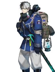 Rule 34 | 1boy, another eidos-r, backpack, bag, baggy pants, bandaged leg, bandages, bandaid, bandaid on cheek, bandaid on face, black-framed eyewear, black gloves, black hair, chest belt, feet out of frame, glasses, gloves, lamp, looking at viewer, male focus, multicolored hair, muscular, muscular male, official art, pants, pectorals, short hair, silver hair, solo, thorkell (another eidos), transparent background, two-tone hair, waku (ayamix)