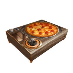 Rule 34 | absurdres, algenartwork, cheese, food, food focus, highres, no humans, original, pepperoni, pepperoni pizza, phonograph, pizza, simple background, white background
