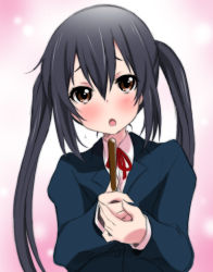 Rule 34 | 1girl, black hair, blush, brown eyes, food, highres, k-on!, long hair, nakano azusa, oobashin, open mouth, pocky, school uniform, sketch, solo, twintails