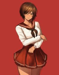 Rule 34 | 1girl, blouse, brown eyes, brown hair, closed mouth, dark-skinned female, dark skin, dolsig ilangnolja, limbus company, long sleeves, looking at viewer, original, outis (project moon), project moon, red background, red skirt, sailor collar, school uniform, shirt, short hair, simple background, skirt, solo, sweatdrop, white shirt