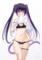 Rule 34 | 1girl, absurdres, bandage on leg, bandaid, bandaid on arm, bandaid on face, black bra, black hair, black nails, black panties, blush, bra, breasts, cat cutout, cat lingerie, cat tail, clothes in mouth, clothes lift, clothing cutout, commentary, english commentary, fangs, frilled bra, frills, groin, hair ribbon, half-closed eyes, highres, lifting own clothes, long hair, meme attire, mouth hold, multicolored hair, myamerzz99, navel, no pants, original, panties, purple eyes, purple hair, purple ribbon, ribbon, shirt, shirt in mouth, shirt lift, short sleeves, side-tie panties, skin fangs, small breasts, solo, standing, tail, thigh gap, thigh strap, twintails, two-tone hair, underwear, untying, white shirt