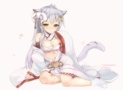 Rule 34 | 1girl, animal ears, azur lane, bad id, bad pixiv id, bare shoulders, beige background, blush, bow, breasts, bridal gauntlets, brown eyes, budget sarashi, cat ears, cat tail, cleavage, closed mouth, commentary request, full body, hair between eyes, hair bow, hair ornament, hyuuga (azur lane), long hair, long sleeves, looking at viewer, mashiro miru, medium breasts, nose blush, off shoulder, petals, sarashi, silver hair, sitting, sleeveless, sleeveless turtleneck, sleeves past wrists, smile, solo, tail, turtleneck, twitter username, very long hair, white bow, wide sleeves, yokozuwari