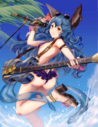 Rule 34 | 10s, 1girl, animal ears, ass, blue hair, blush, butt crack, chiwa (tsugumisky), eyewear on head, ferry (granblue fantasy), flower, granblue fantasy, guitar, heart, highres, instrument, long hair, looking at viewer, sandals, smile, solo, splashing, sunglasses, swimsuit, very long hair, yellow eyes