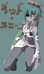 Rule 34 | 1girl, artist request, bandages, cleaver, female focus, full body, golem, kneeling, monster girl, scar, screw, simple background, solo, stitches, translation request, zombie