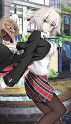 Rule 34 | 1girl, bag, blue necktie, commentary request, fate/grand order, fate (series), fountain, hair between eyes, highres, jeanne d&#039;arc (fate), jeanne d&#039;arc alter (avenger) (fate), jeanne d&#039;arc alter (fate), looking at viewer, necktie, outdoors, pantyhose, plaid, plaid skirt, saber alter, saber alter (traveling outfit) (fate), shopping bag, skirt, smile, solo, vane (vane0), white hair, yellow eyes