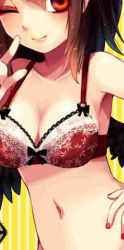 Rule 34 | 1girl, bare shoulders, black hair, black wings, bow, bow bra, bra, breasts, cleavage, collarbone, fua yuu, hand on own hip, jpeg artifacts, lace, lace-trimmed bra, lace trim, nail polish, navel, one eye closed, outside border, red bra, red eyes, red nails, shameimaru aya, short hair, smile, solo, stomach, striped, striped background, touhou, underwear, underwear only, v, vertical stripes, wings, yellow background