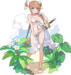 Rule 34 | 1girl, artist request, babydoll, bare shoulders, barefoot, beach, bikini, blue eyes, blunt bangs, blush, breasts, brown hair, bun cover, closed mouth, cloud, collarbone, day, double bun, female focus, fern, flower, full body, gem, hair bun, hand up, headpiece, highres, holding strap, lilith (world flipper), looking at viewer, medium breasts, navel, non-web source, ocean, official alternate costume, official art, outdoors, sand, see-through, sheath, sheathed, shiny skin, short hair, shy, sidelocks, skindentation, solo, stomach, swimsuit, transparent background, water, wavy mouth, weapon, weapon on back, white bikini, white flower, world flipper
