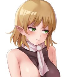 Rule 34 | 1girl, black shirt, blonde hair, blush, breasts, collarbone, commentary request, green eyes, koizumo, looking to the side, medium bangs, medium breasts, mizuhashi parsee, nose, one breast out, open mouth, out-of-frame censoring, paid reward available, pointy ears, scarf, shirt, short hair, simple background, sleeveless, sleeveless shirt, solo, touhou, upper body, white background, white scarf