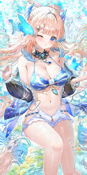 Rule 34 | 1girl, :o, absurdres, alternate costume, bikini, blue bikini, blue eyes, blue gemstone, blue hair, blue nails, blunt bangs, blush, bow-shaped hair, breasts, bubble, choker, cleavage, collarbone, colored tips, dappled sunlight, detached sleeves, feet out of frame, fish, frilled sleeves, frills, gem, genshin impact, gradient hair, halterneck, hands up, highres, jewelry, kiramarukou, knee up, lace-trimmed choker, lace trim, long hair, medium breasts, mismatched bikini, multicolored hair, navel, one eye closed, open mouth, pink hair, pink nails, sangonomiya kokomi, see-through, see-through sleeves, sidelocks, signature, solo, stomach, submerged, sunlight, swimsuit, two-tone nails, underwater, vision (genshin impact), water, white bikini