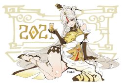 Rule 34 | 1girl, 2021, alcohol, bare shoulders, breasts, champagne, china dress, chinese clothes, claw ring, dress, elbow gloves, findoworld, full body, genshin impact, gloves, hair ornament, high heels, highres, large breasts, leg tattoo, legs, long hair, looking at viewer, new year, ningguang (genshin impact), parted bangs, red eyes, simple background, solo, tattoo, thighs, very long hair, white background, white hair