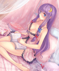 Rule 34 | 1girl, artist name, babydoll, barefoot, bed, blue eyes, blush, book, bow, breasts, cleavage, condom, condom wrapper, crescent, crescent hair ornament, crescent moon, covered erect nipples, female focus, hair bow, hair ornament, heart, heart-shaped pillow, large breasts, legs, lingerie, long hair, long legs, moon, navel, negligee, open book, patchouli knowledge, pillow, purple hair, reading, sitting, solo, touhou, underwear, underwear only, walzrj, wariza