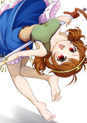 Rule 34 | 1girl, barefoot, blue dress, brown hair, circlet, detached sleeves, dress, futa (nabezoko), green dress, long hair, low twintails, multicolored clothes, multicolored dress, open mouth, red eyes, simple background, single detached sleeve, smile, solo, son biten, touhou, twintails, white background, white sleeves, yellow dress