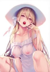 Rule 34 | 1girl, absurdres, bare arms, bell, blonde hair, blush, breasts, collarbone, covered erect nipples, dress, hair between eyes, hair ribbon, hat, highres, large breasts, long hair, looking at viewer, michiking, nipples, non-web source, original, purple eyes, ribbon, scan, see-through, sidelocks, simple background, solo, squatting, sun hat, sundress, very long hair, wet, wet clothes, white background, white dress, white ribbon
