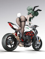 Rule 34 | 1girl, :d, @ @, absurdres, alternate costume, alternate hairstyle, animal ears, ass, azur lane, backless leotard, bare shoulders, bent over, black leotard, braid, braided ponytail, commentary request, double bun, fishnet pantyhose, fishnets, from behind, full body, green hair, hair between eyes, hair bun, hand up, high heels, highres, hip focus, hundun no bifang, leotard, long hair, looking at viewer, looking back, messy hair, motor vehicle, motorcycle, nervous smile, open mouth, pantyhose, playboy bunny, rabbit ears, rabbit girl, rabbit tail, red eyes, skindentation, smile, solo, tail, thigh strap, thighs, torricelli (azur lane), v, very long hair, wrist cuffs